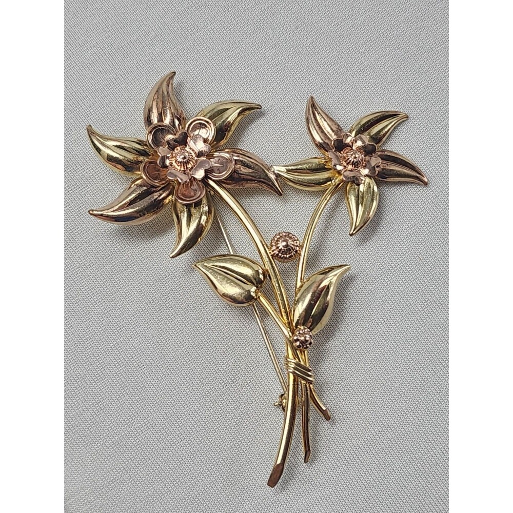 Vintage L.S. Co 10K Gold Filled Floral Brooch Mid Century Two Tone Signed MCM